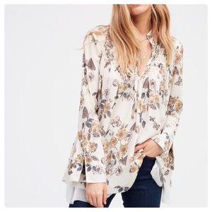 Free People So Fine Ivory Floral Butterfly Long Sleeve Tunic S
